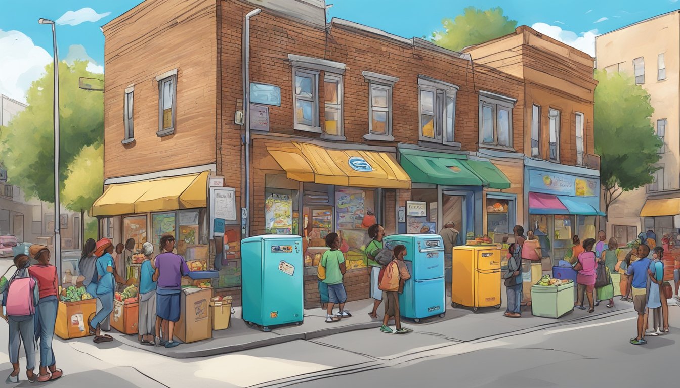 A bustling street corner with a colorful, graffiti-covered refrigerator filled with food donations. People of all ages and backgrounds come to add or take items from the community fridge