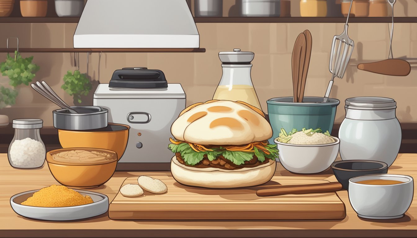 A stack of gluten-free bao buns sits on a wooden cutting board, surrounded by various cooking utensils and ingredients. A timer on the counter indicates the passage of time