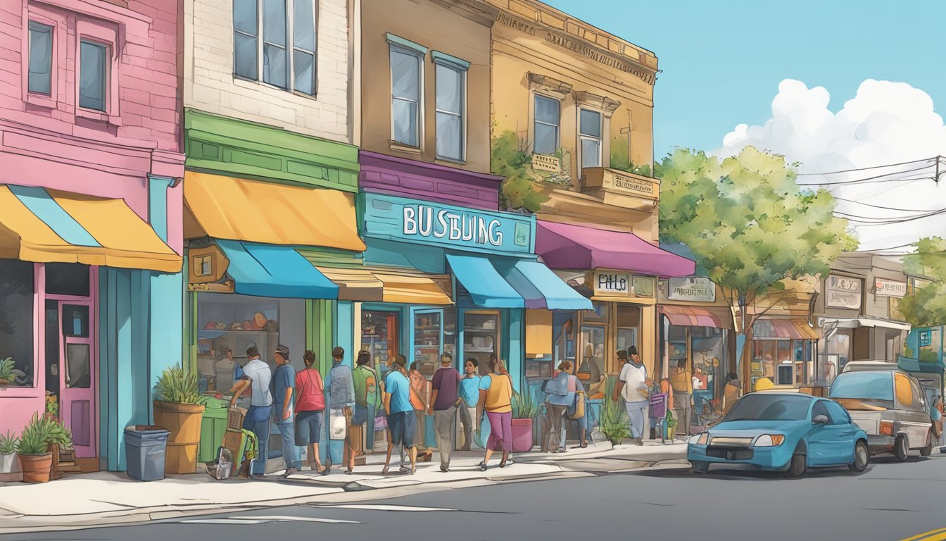 A bustling street in Edinburg, TX with a colorful community fridge surrounded by local businesses and residents