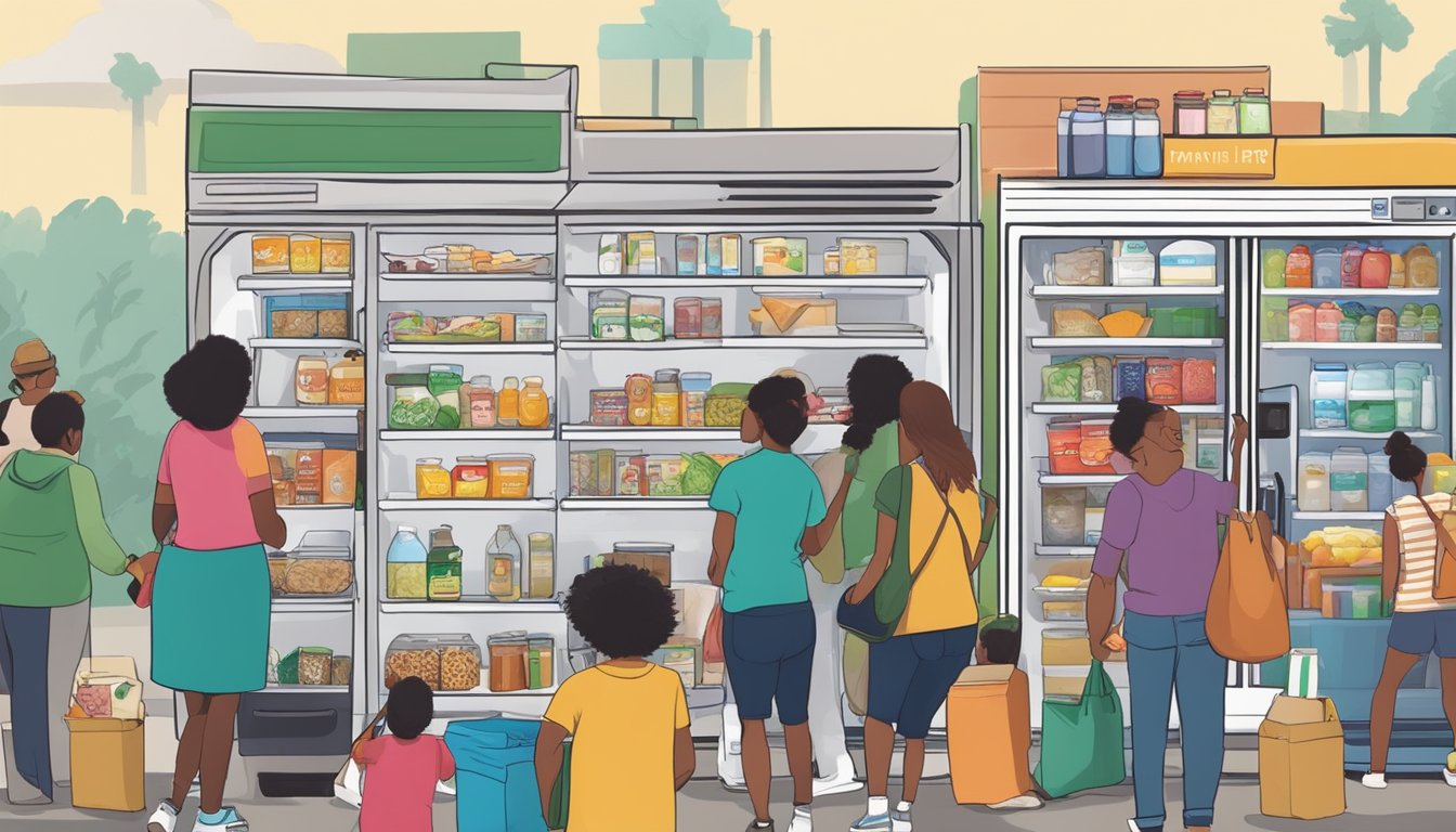 A bustling local community fridge surrounded by diverse individuals accessing and donating food items in Pasadena, TX