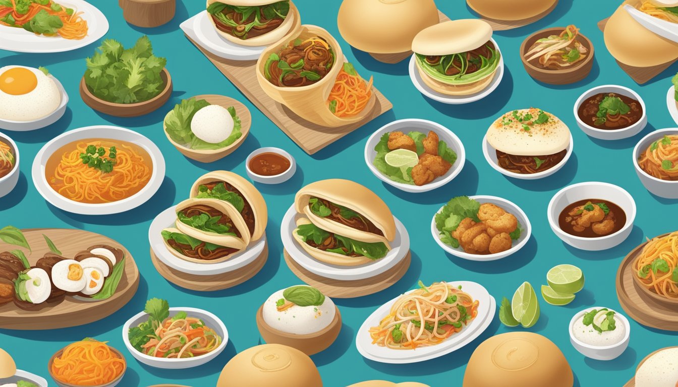 A colorful array of global dishes, each featuring a unique twist on traditional cuisine, with gluten-free bao buns as the central focus