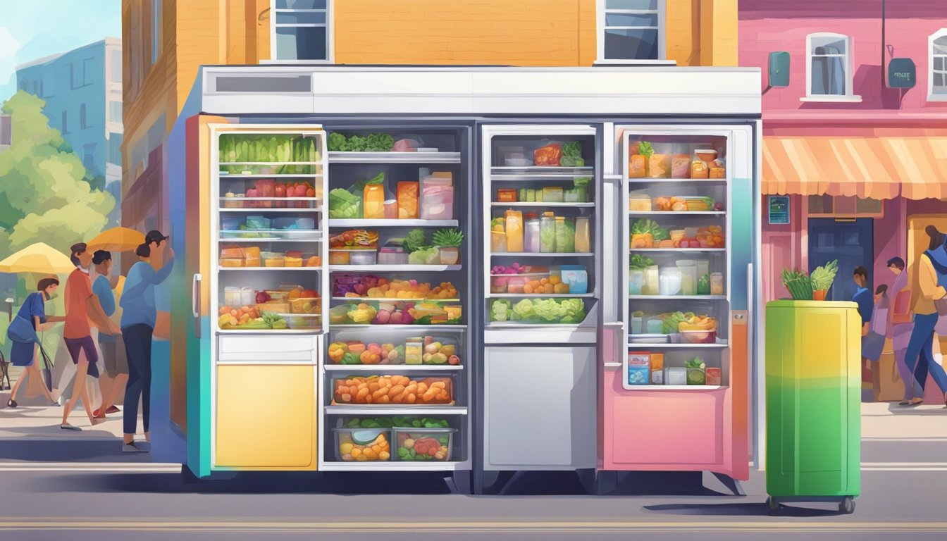 A colorful community fridge nestled in a vibrant local setting, filled with various food items and surrounded by people coming and going