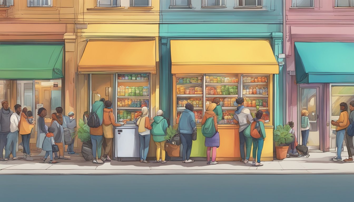 A bustling street corner with a colorful community fridge surrounded by people donating and taking food