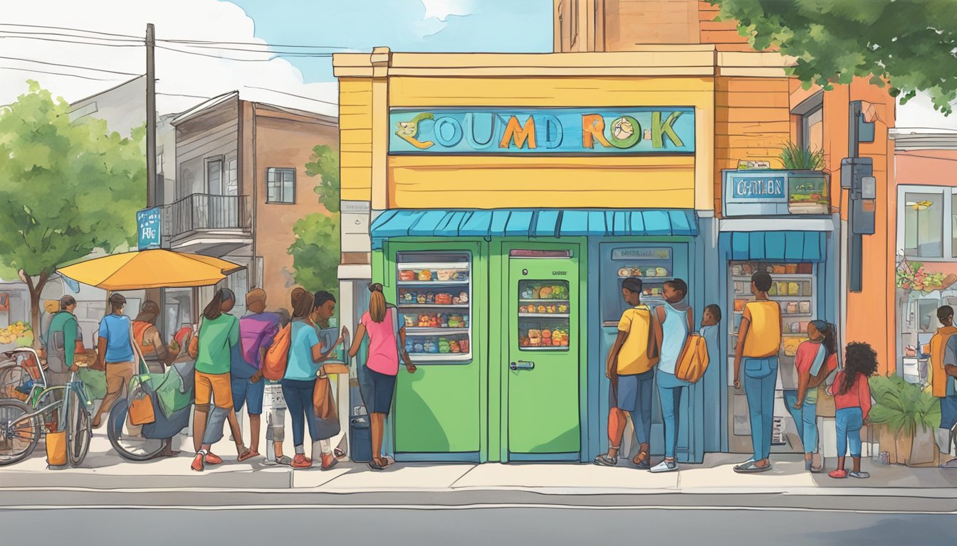 A bustling street in Round Rock, Texas, with a brightly colored community fridge surrounded by locals donating and taking food