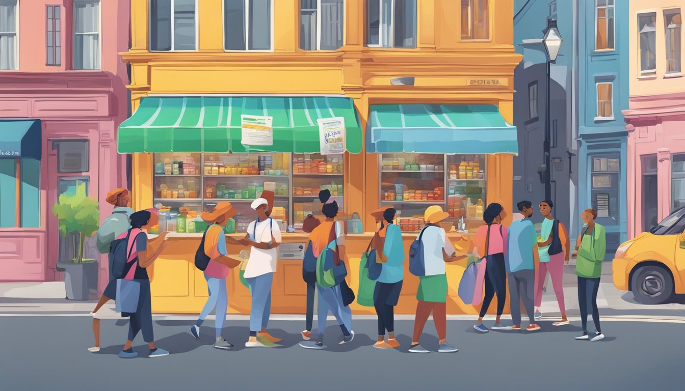 A bustling street corner with a colorful community fridge surrounded by people exchanging food and information about upcoming events