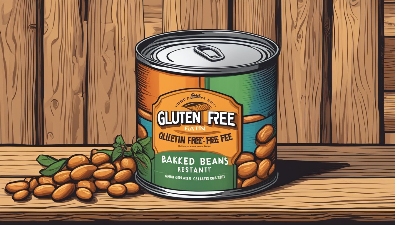 A colorful can of gluten-free baked beans sits on a rustic wooden shelf, surrounded by other pantry items. The label proudly displays the product's long shelf life