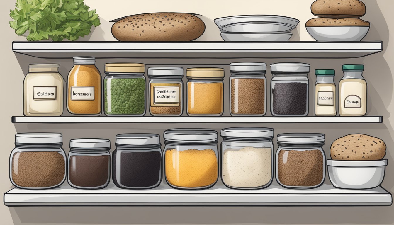 A pantry shelf with gluten-free black bean burgers next to labeled ingredient substitutes