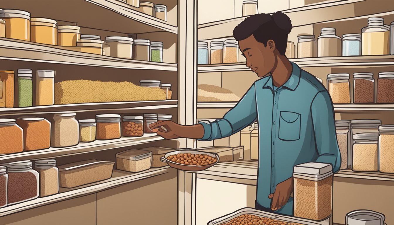 A person selects gluten-free ingredients for baked beans from a pantry shelf