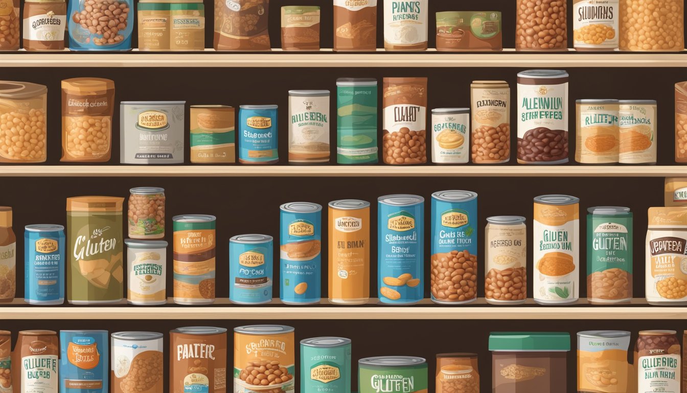 A pantry shelf with cans of gluten-free baked beans, expiration date visible, surrounded by other non-perishable items