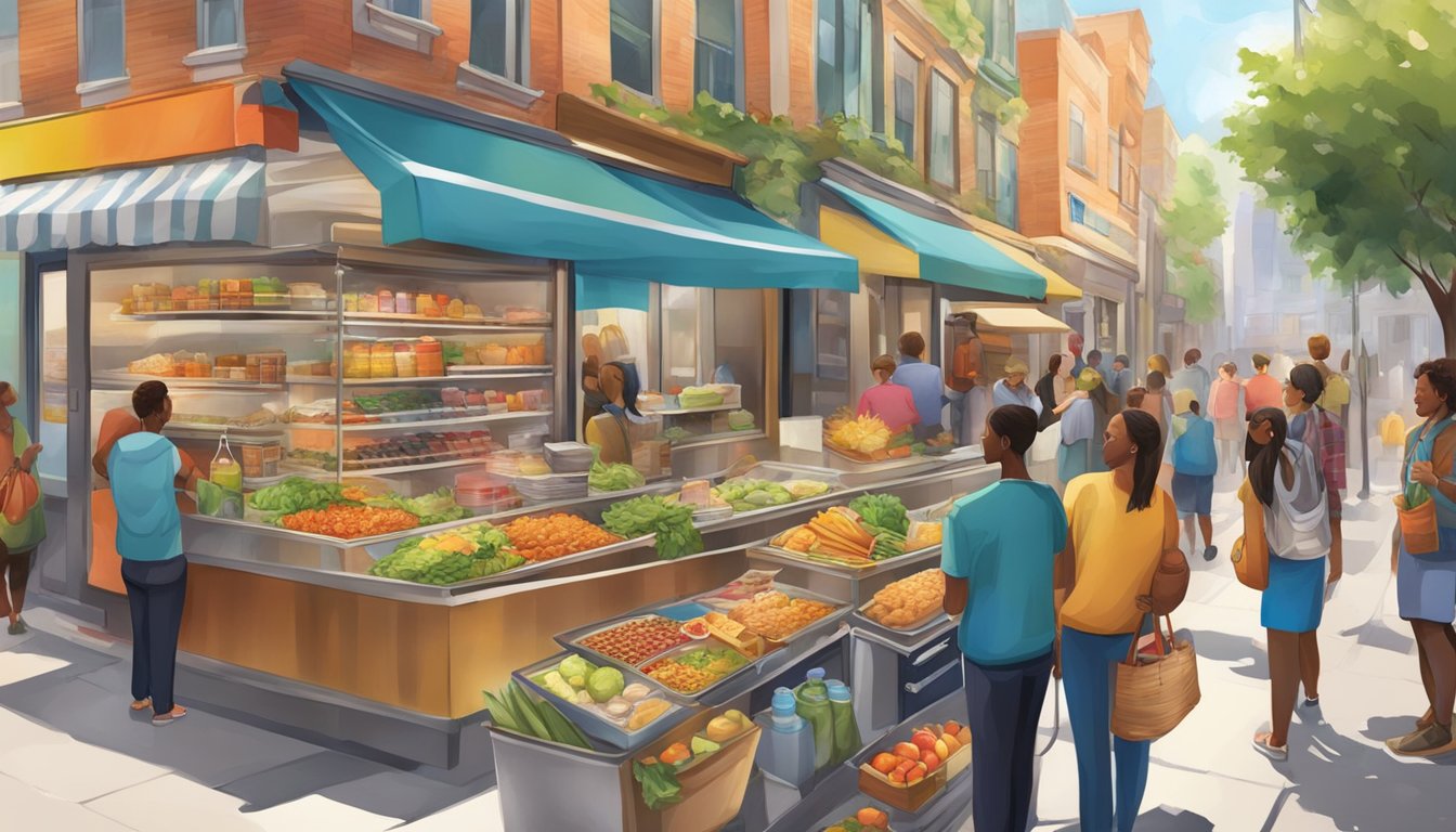 A bustling street corner with a colorful, decorated refrigerator filled with food items and surrounded by a diverse group of people