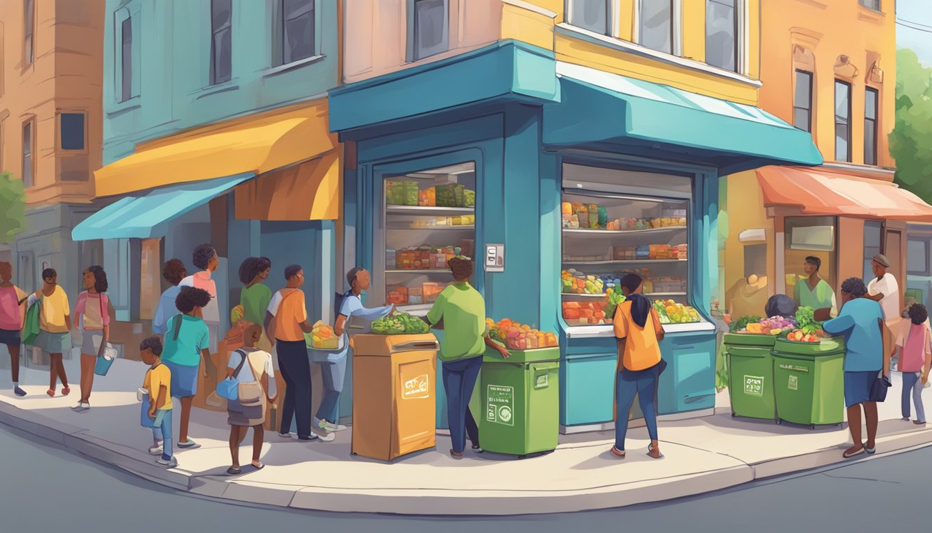 A bustling street corner with a colorful, decorated community fridge surrounded by people dropping off and picking up food donations