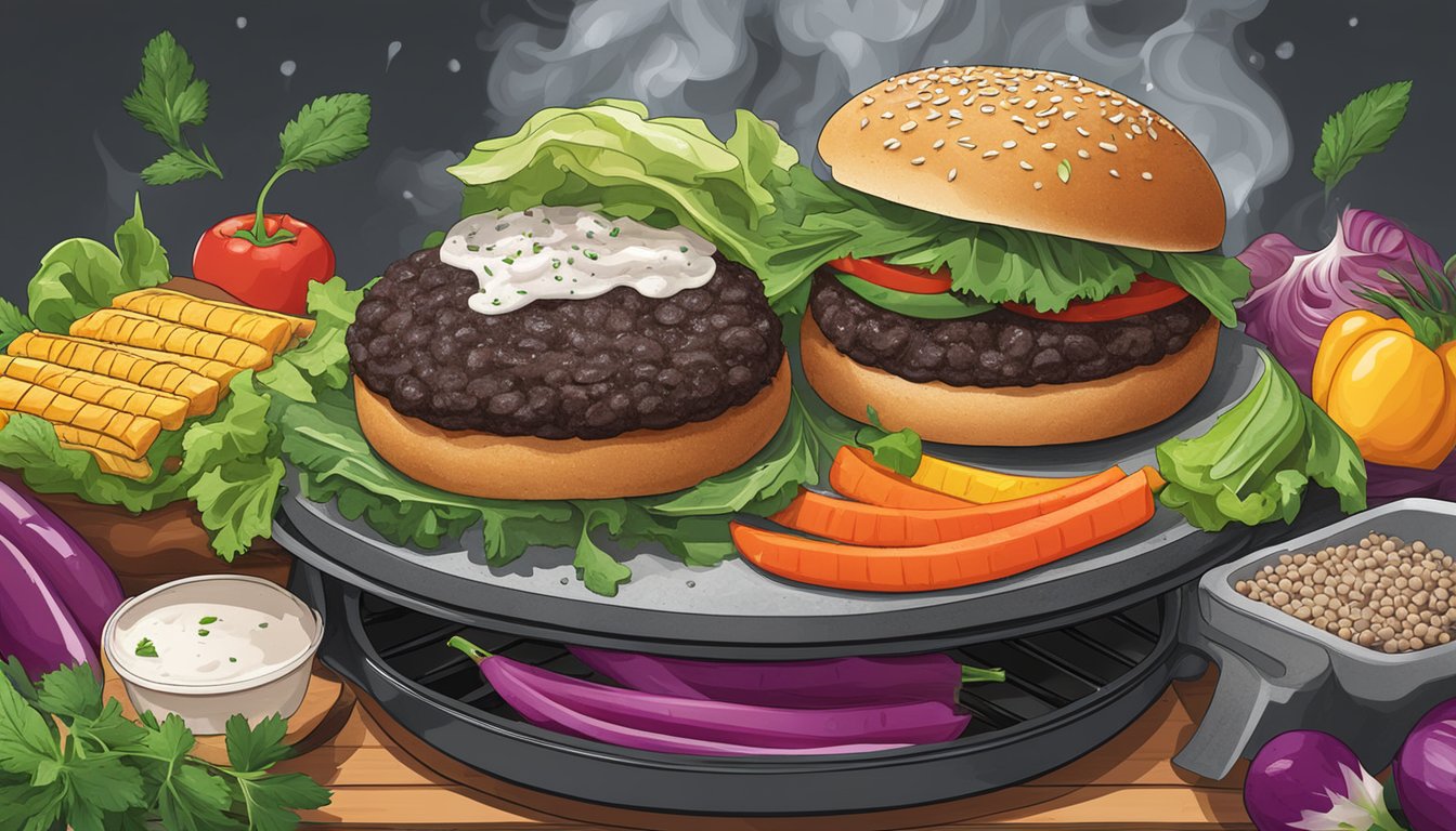 A sizzling black bean burger on a grill, surrounded by colorful vegetables and herbs, with steam rising from the patty