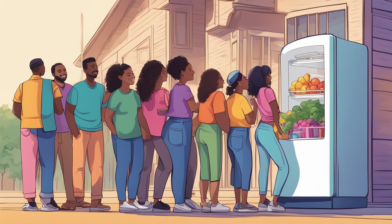 A diverse group of people from the Round Rock, TX community come together to stock and access a brightly colored community fridge, symbolizing inclusivity and mutual aid