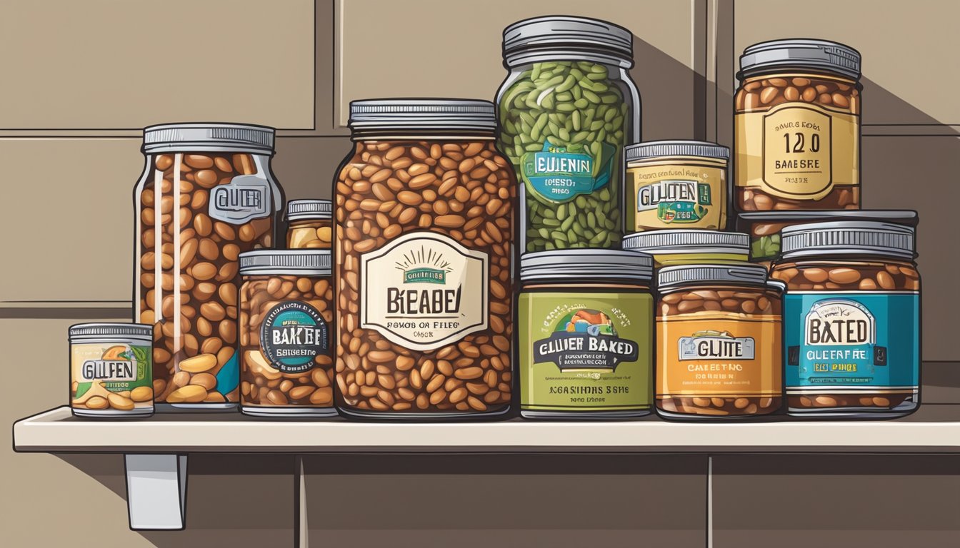 A jar of gluten-free baked beans sits on a kitchen shelf, surrounded by other canned goods. The label indicates the expiration date is still far off