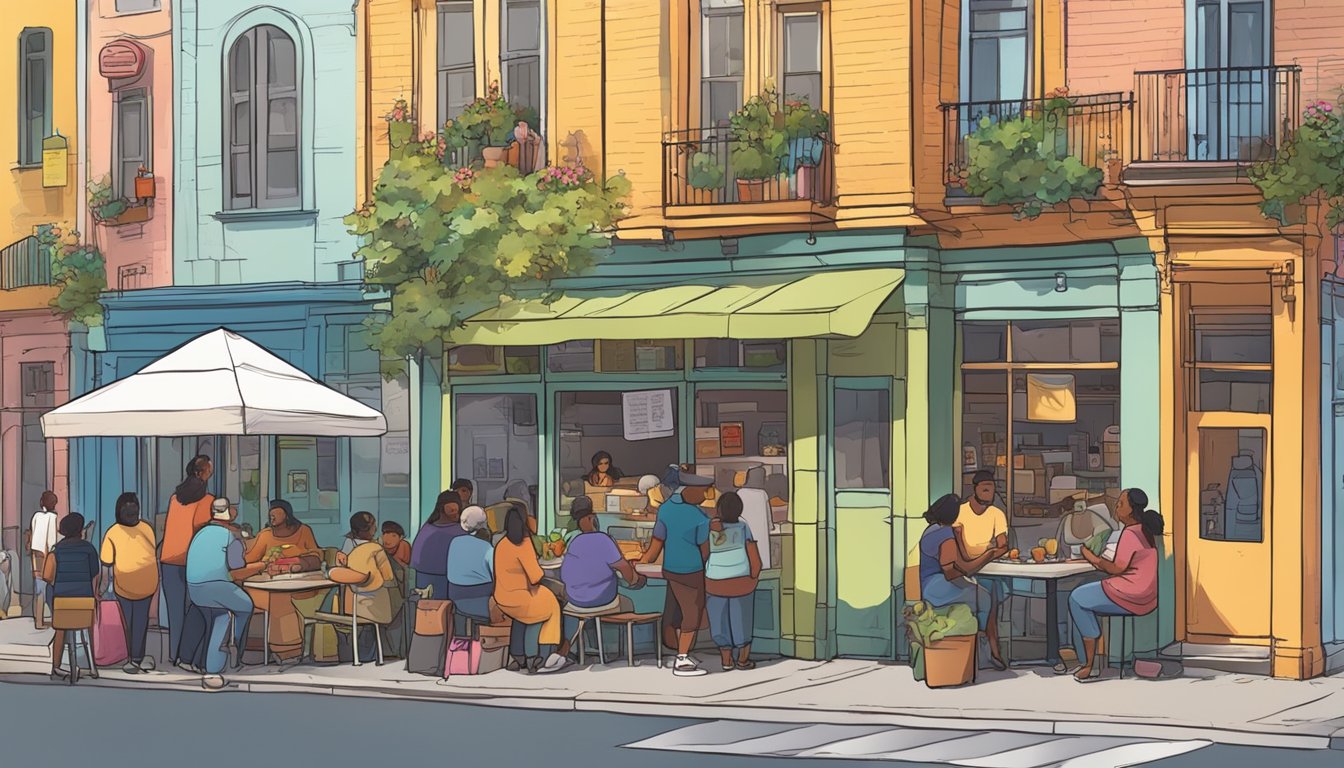 A colorful, bustling street corner with a community fridge surrounded by people donating and taking food. Nearby, a diverse group of locals chat and share meals