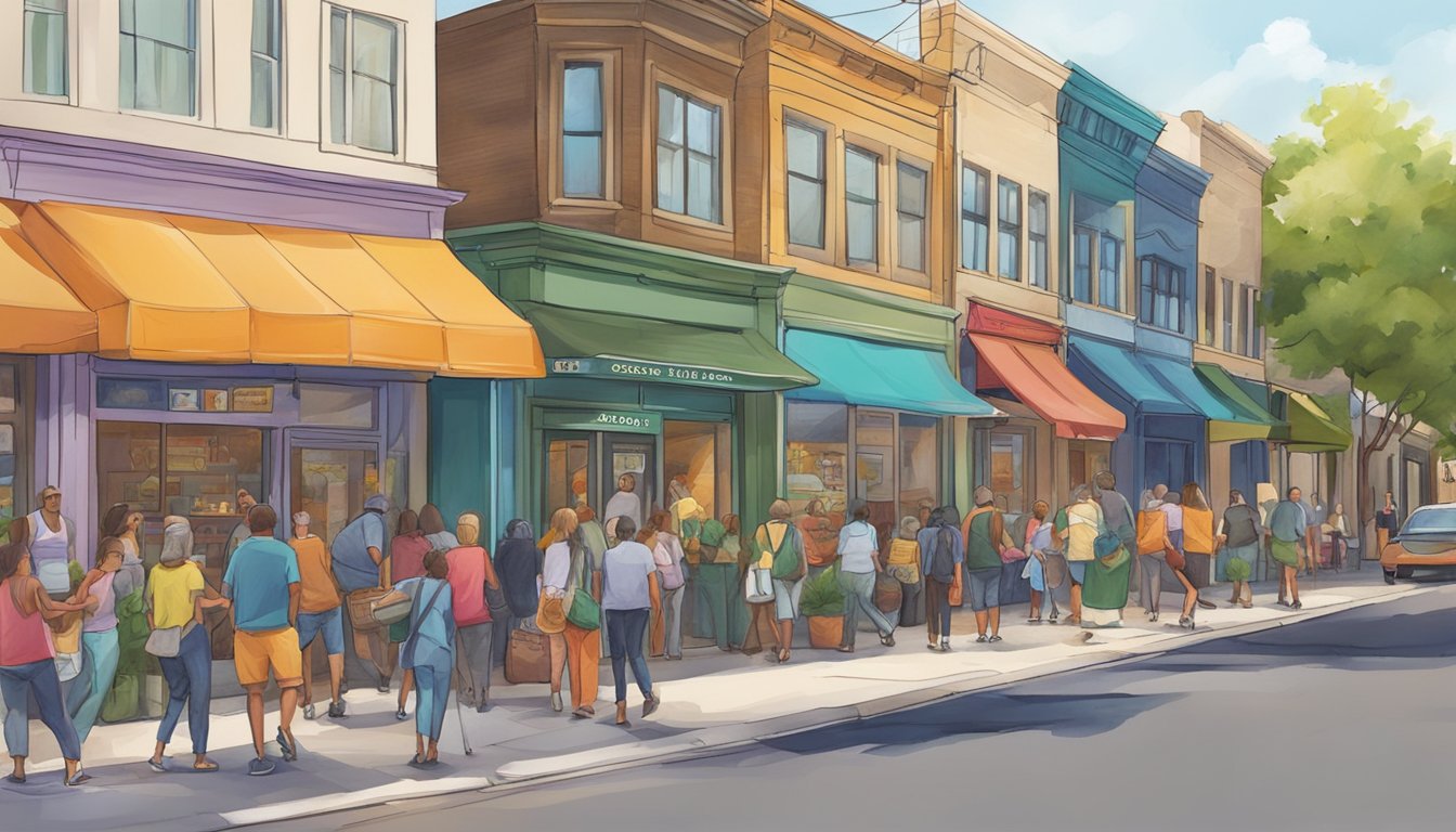 A bustling street corner in Frisco, TX with a colorful and inviting community fridge, surrounded by people coming and going