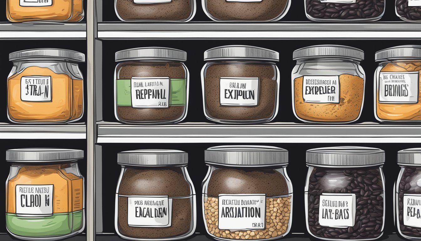 A pantry shelf with airtight containers of black bean burgers, labeled with expiration dates