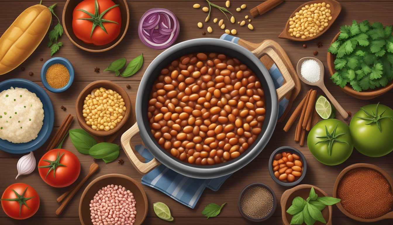 A steaming pot of gluten-free baked beans sits on a rustic wooden table, surrounded by colorful ingredients like tomatoes, onions, and spices