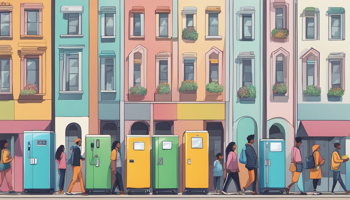 A row of colorful community fridges lined up against a city backdrop, with people coming and going, donating and taking food