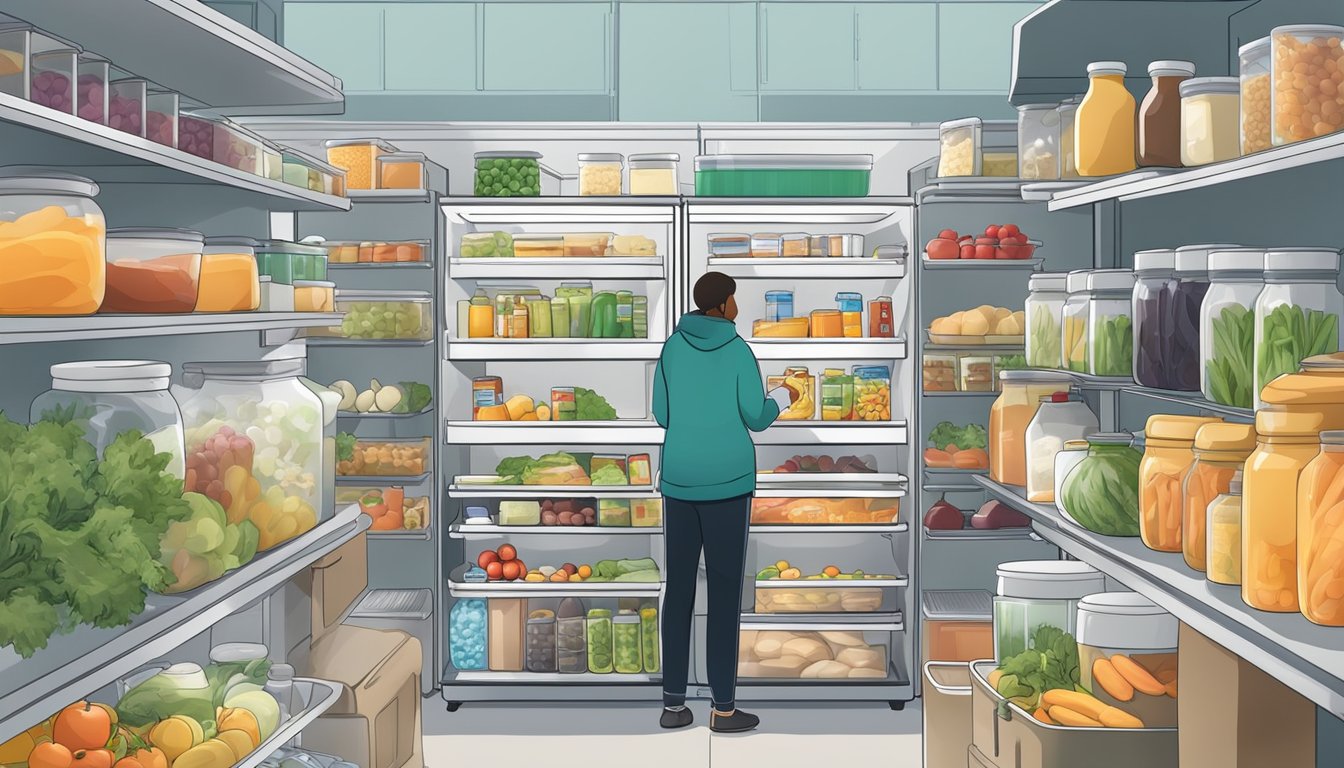 An open community fridge filled with neatly organized food items and labeled containers, surrounded by a diverse group of people contributing and taking items