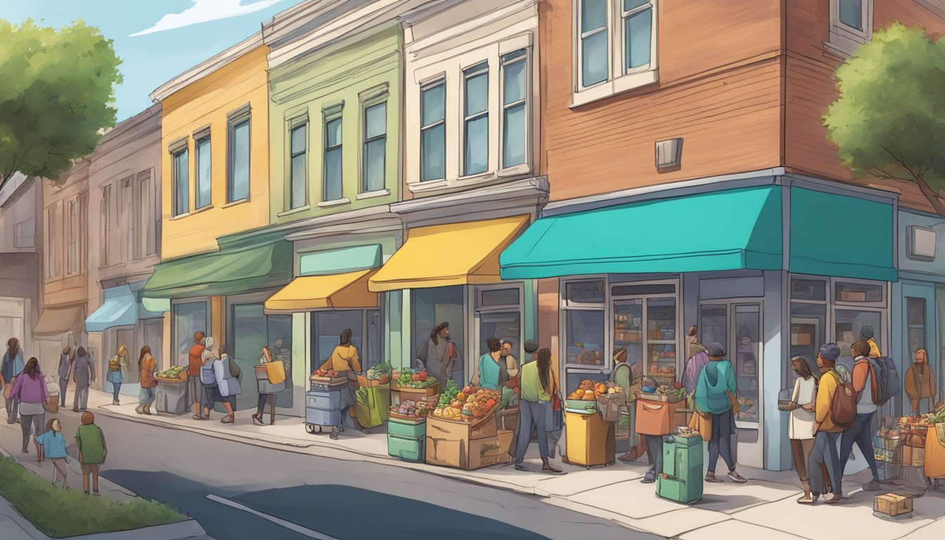 A bustling street corner with a colorful, well-stocked community fridge surrounded by people dropping off food and others taking what they need