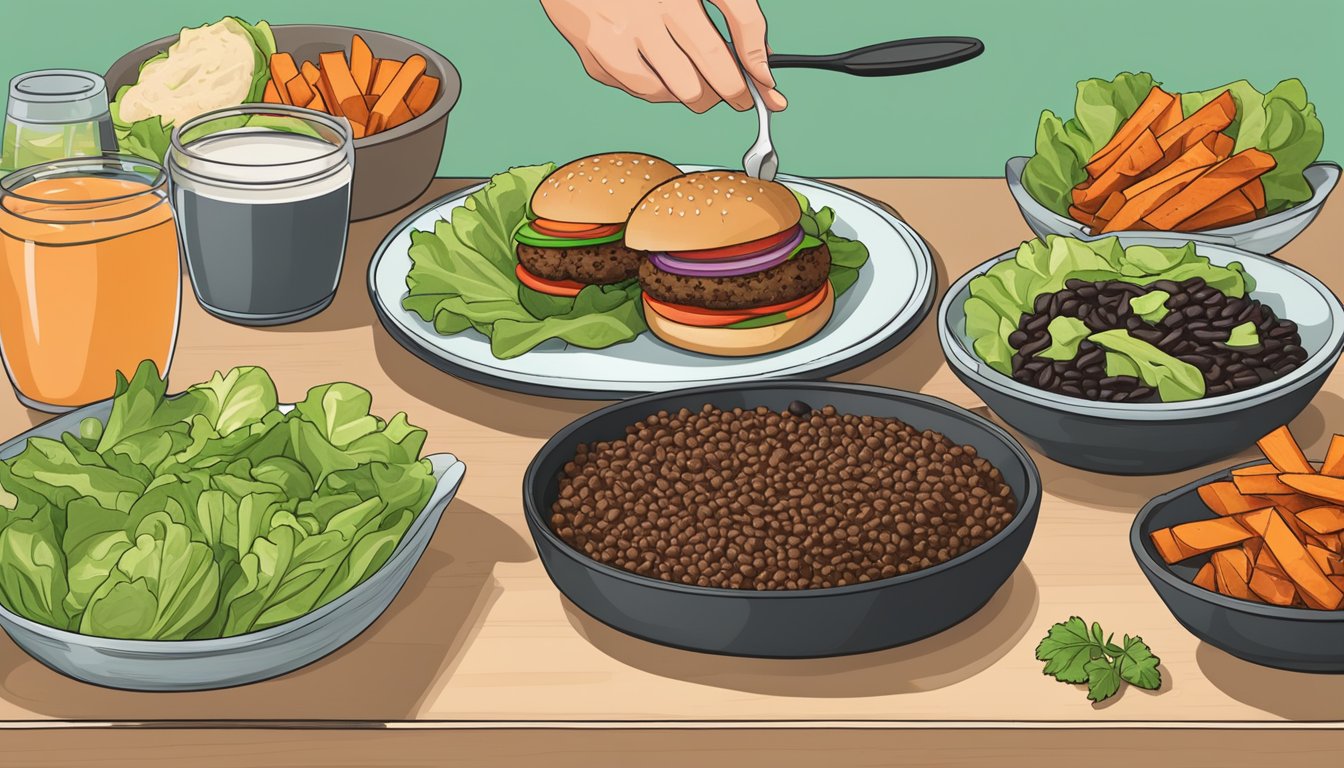 A plate of gluten-free black bean burgers surrounded by fresh lettuce, tomatoes, and a side of sweet potato fries