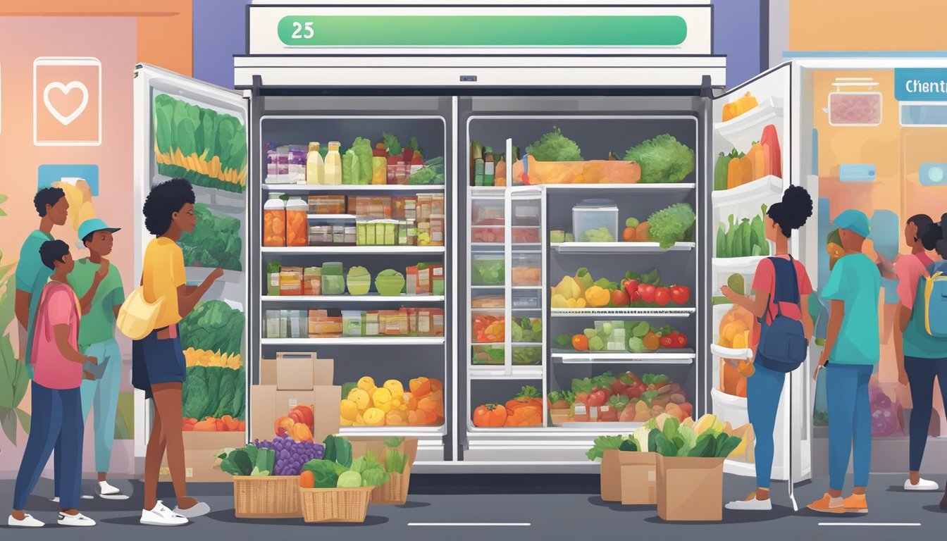 A colorful community fridge filled with fresh produce and packaged goods, surrounded by a diverse group of people making donations and taking items