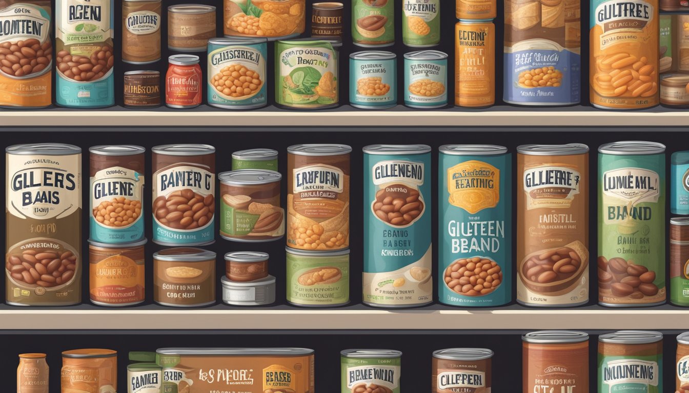 A pantry shelf with a can of gluten-free baked beans, expiration date visible, surrounded by other canned goods