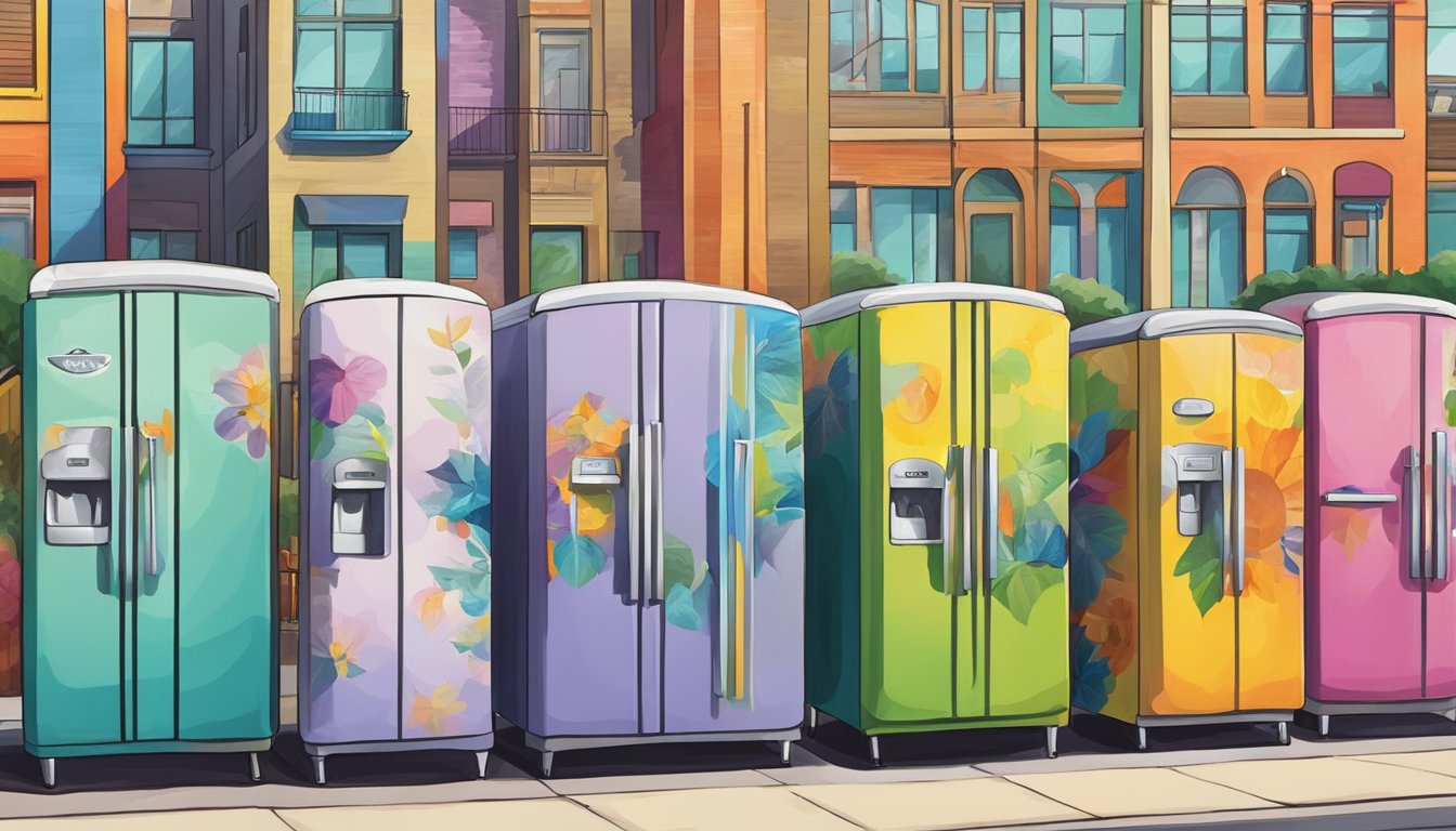 A row of colorful community fridges stands against a vibrant mural, surrounded by a bustling neighborhood in Frisco, TX