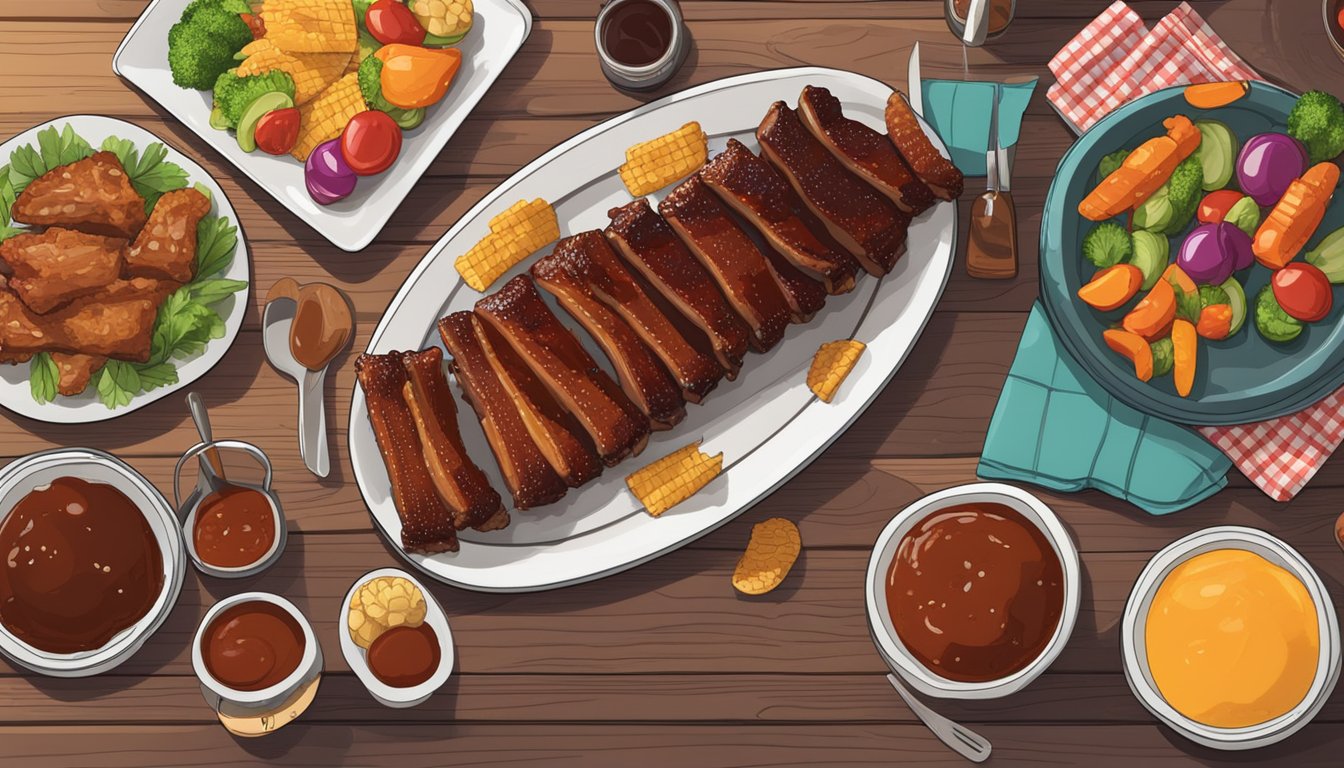 A plate of gluten-free BBQ ribs sits on a wooden picnic table, surrounded by colorful side dishes and a bottle of barbecue sauce