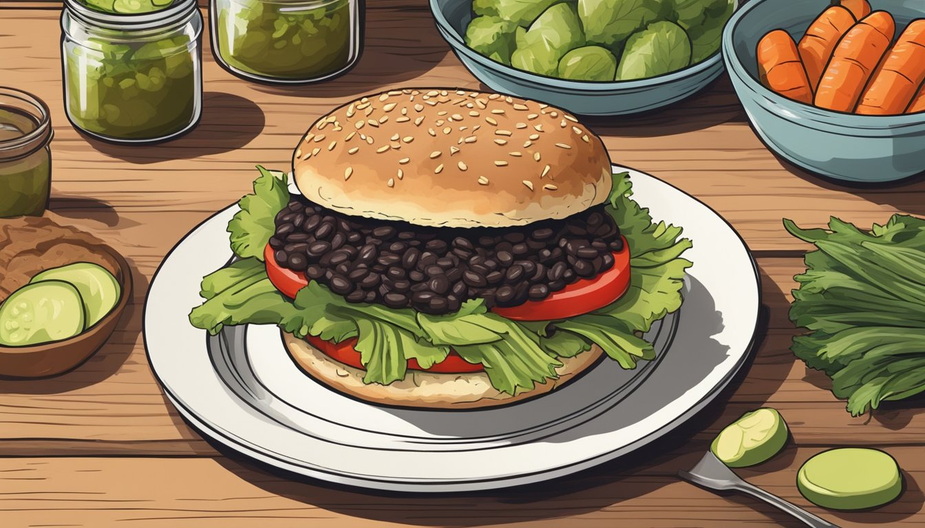 A plate of gluten-free black bean burgers sits on a rustic wooden table, surrounded by fresh vegetables and a jar of homemade pickles