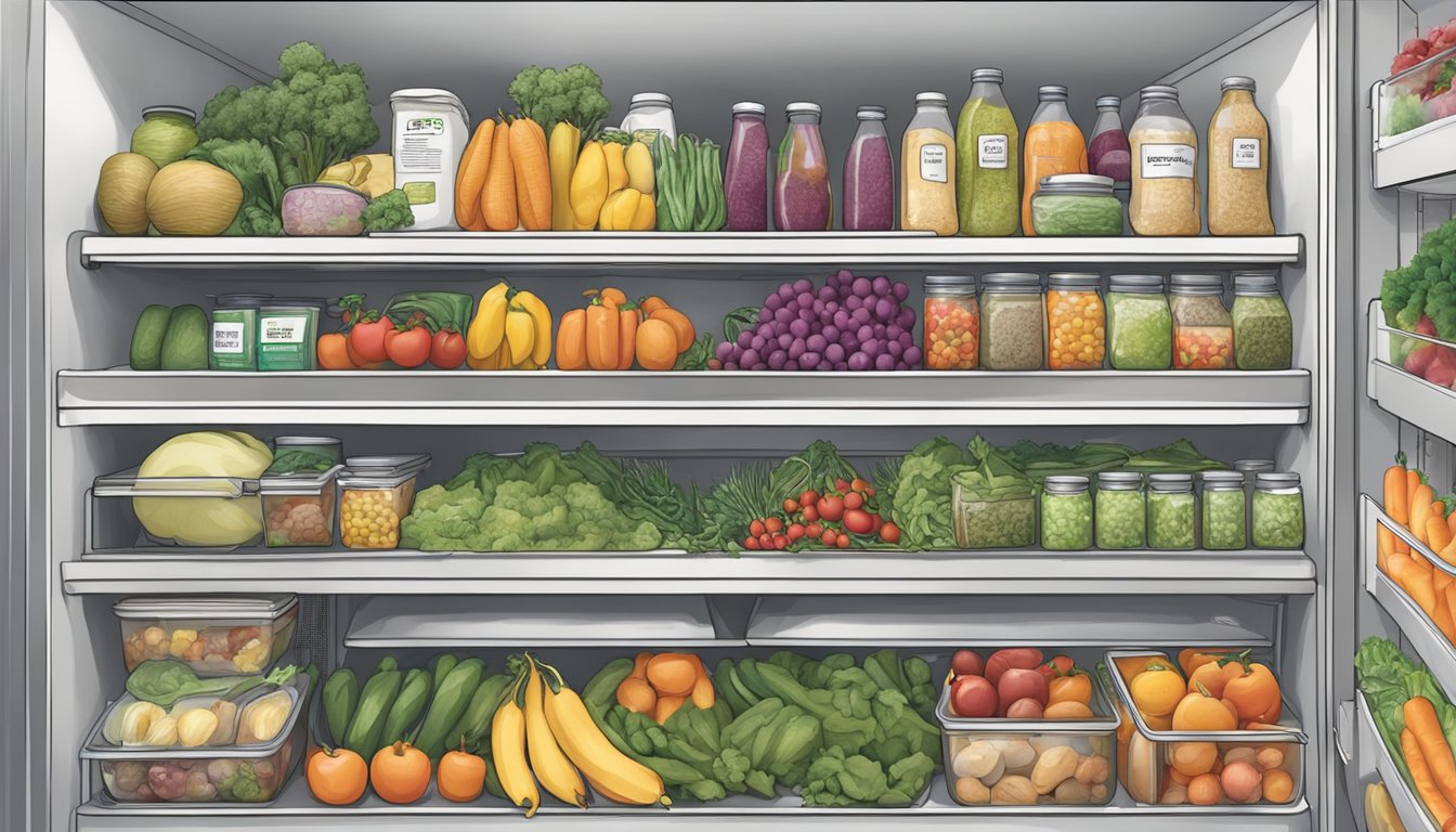 A bustling local community fridge filled with fresh produce and pantry staples, with people coming and going to access its resources