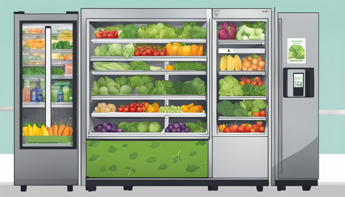 A community fridge in Frisco, TX, filled with fresh produce and labeled with safety and maintenance instructions