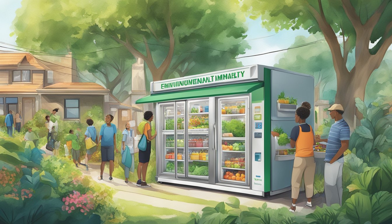 A bustling local community fridge surrounded by diverse residents and lush greenery, with a prominent "Environmental Impact and Sustainability" sign