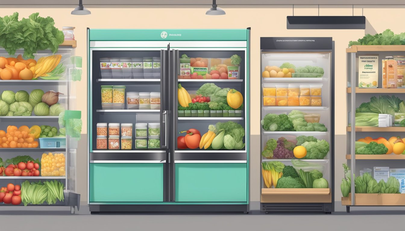 A community fridge filled with fresh produce and packaged goods, surrounded by informational posters on nutrition and food safety