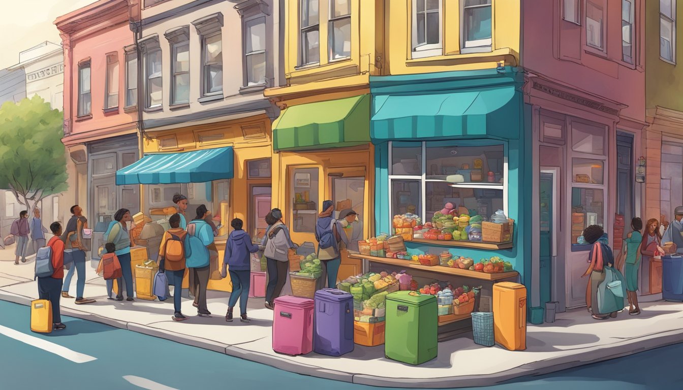 A bustling street corner with a brightly painted fridge surrounded by a diverse group of people dropping off and picking up food items