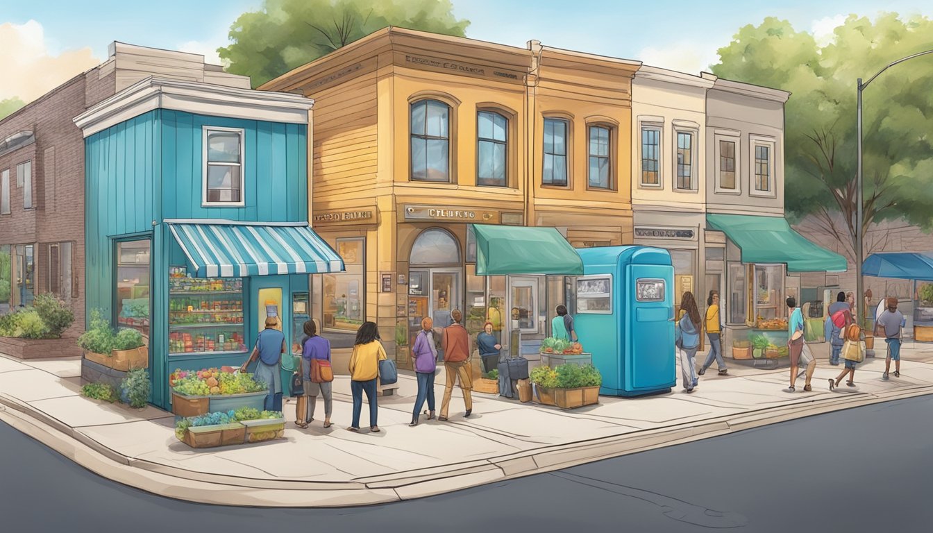 A colorful community fridge surrounded by diverse buildings and people in Tyler, Texas