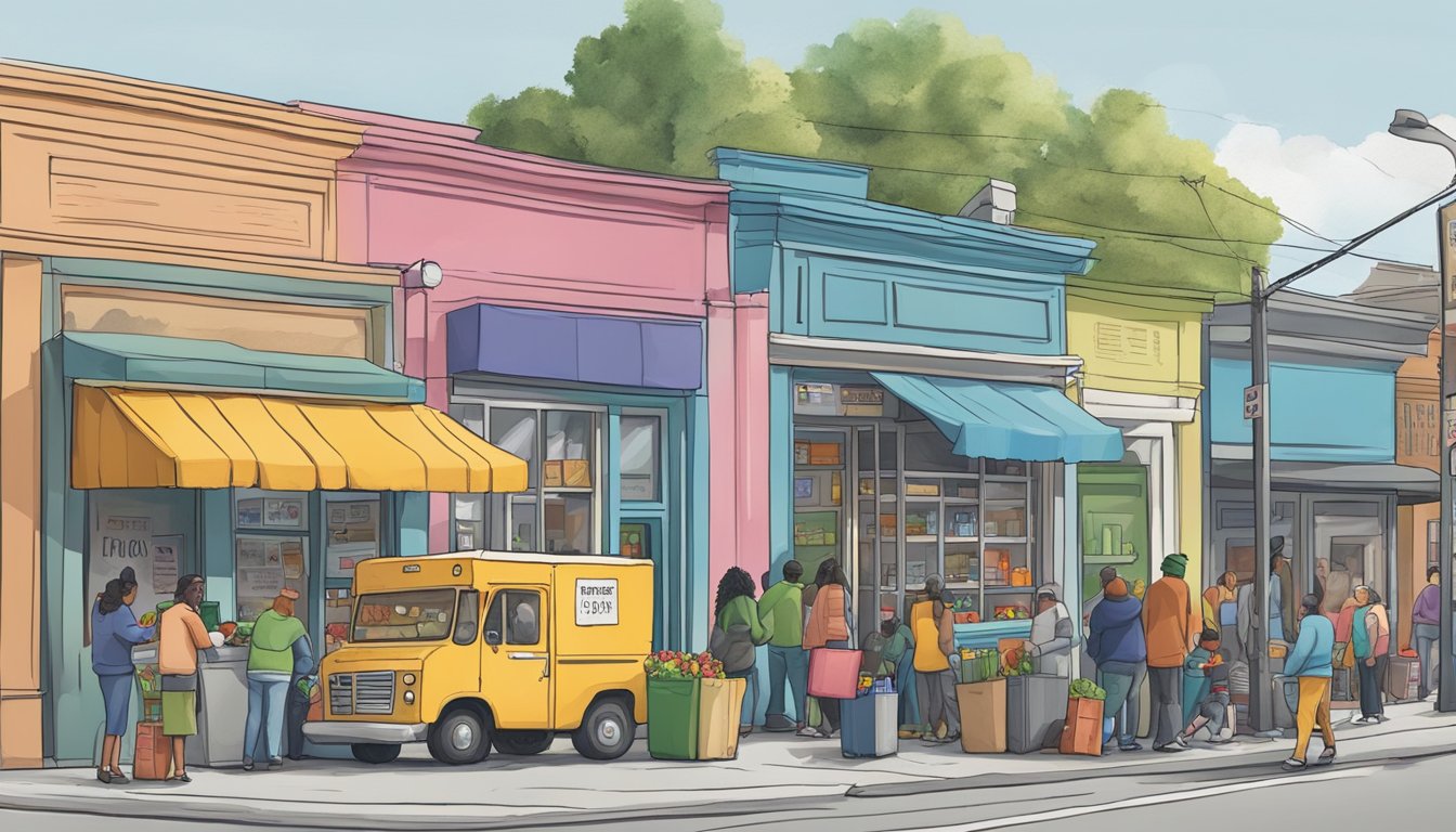 A bustling street corner with a colorful community fridge surrounded by local businesses and residents dropping off food donations