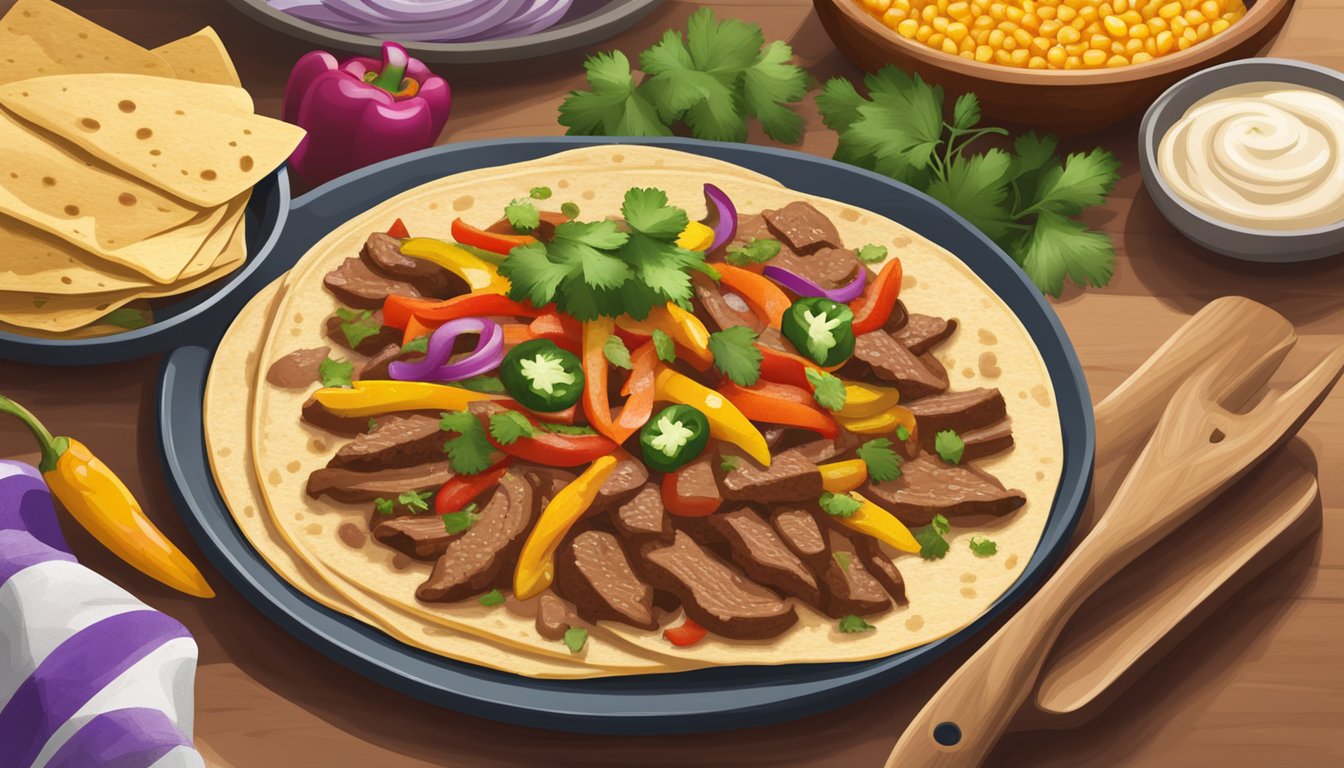 A sizzling skillet of gluten-free beef fajitas with colorful bell peppers and onions, topped with fresh cilantro and served with a side of warm corn tortillas