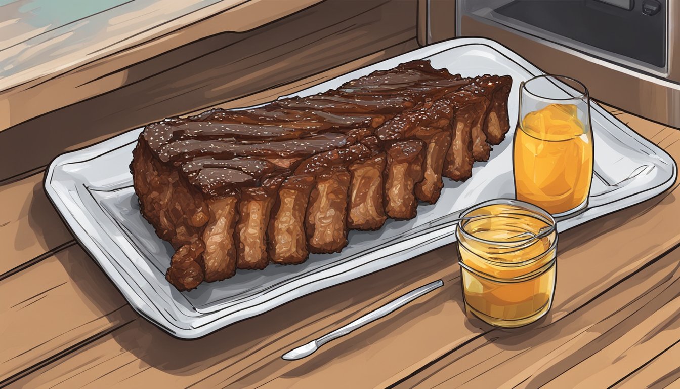 A plate of gluten-free BBQ ribs sits on a shelf, covered with plastic wrap. A refrigerator thermometer is visible, showing a temperature of 40°F