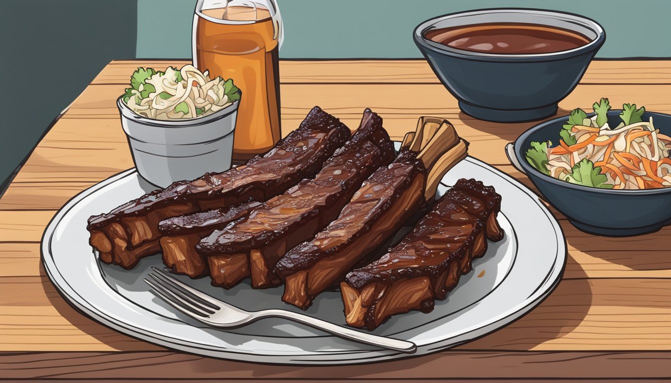 A plate of gluten-free BBQ ribs on a wooden cutting board, with a side of coleslaw and a bottle of BBQ sauce in the background