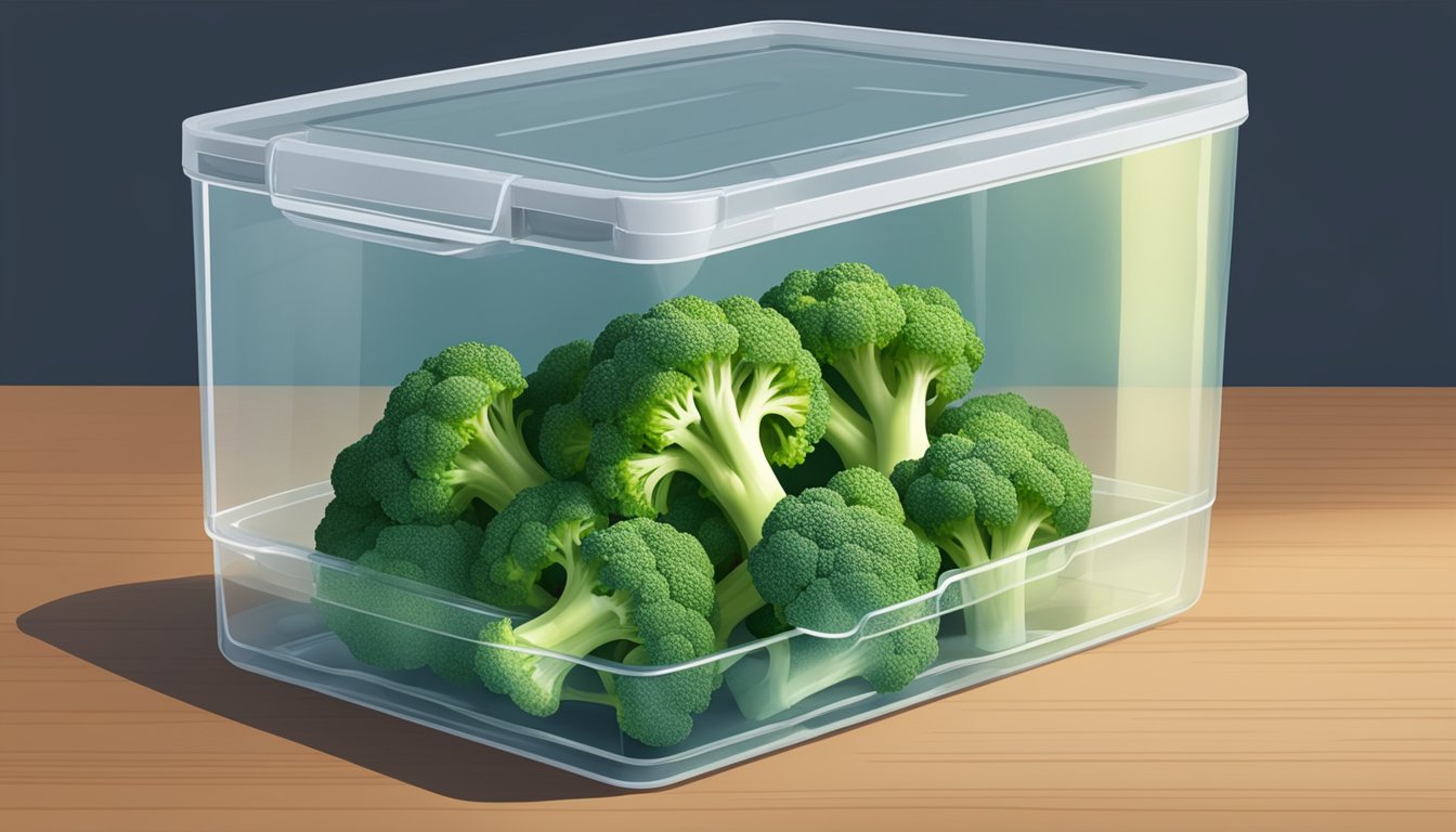 A bundle of fresh broccoli florets in a sealed container, with a "gluten-free" label, placed in a refrigerator