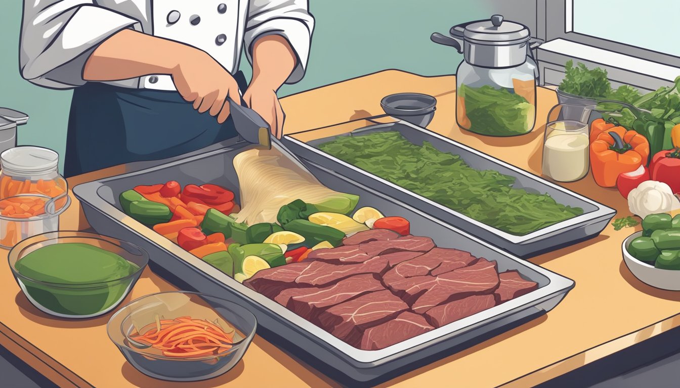 A chef slicing fresh vegetables and marinating beef for gluten-free fajitas. Ingredients laid out on a clean, organized kitchen counter