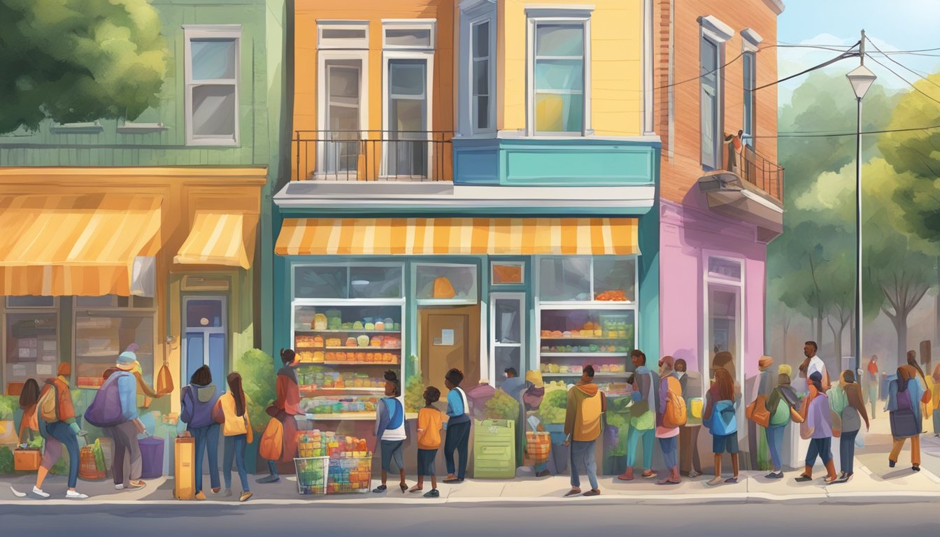 A bustling neighborhood street with a colorful community fridge surrounded by diverse individuals donating food and supplies