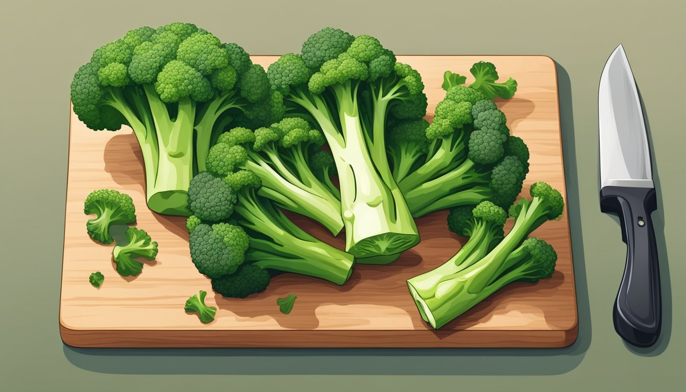 A bunch of fresh broccoli florets arranged on a cutting board, with a knife nearby