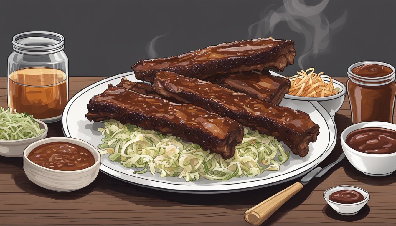 A platter of gluten-free BBQ ribs with a side of coleslaw and a bottle of barbecue sauce