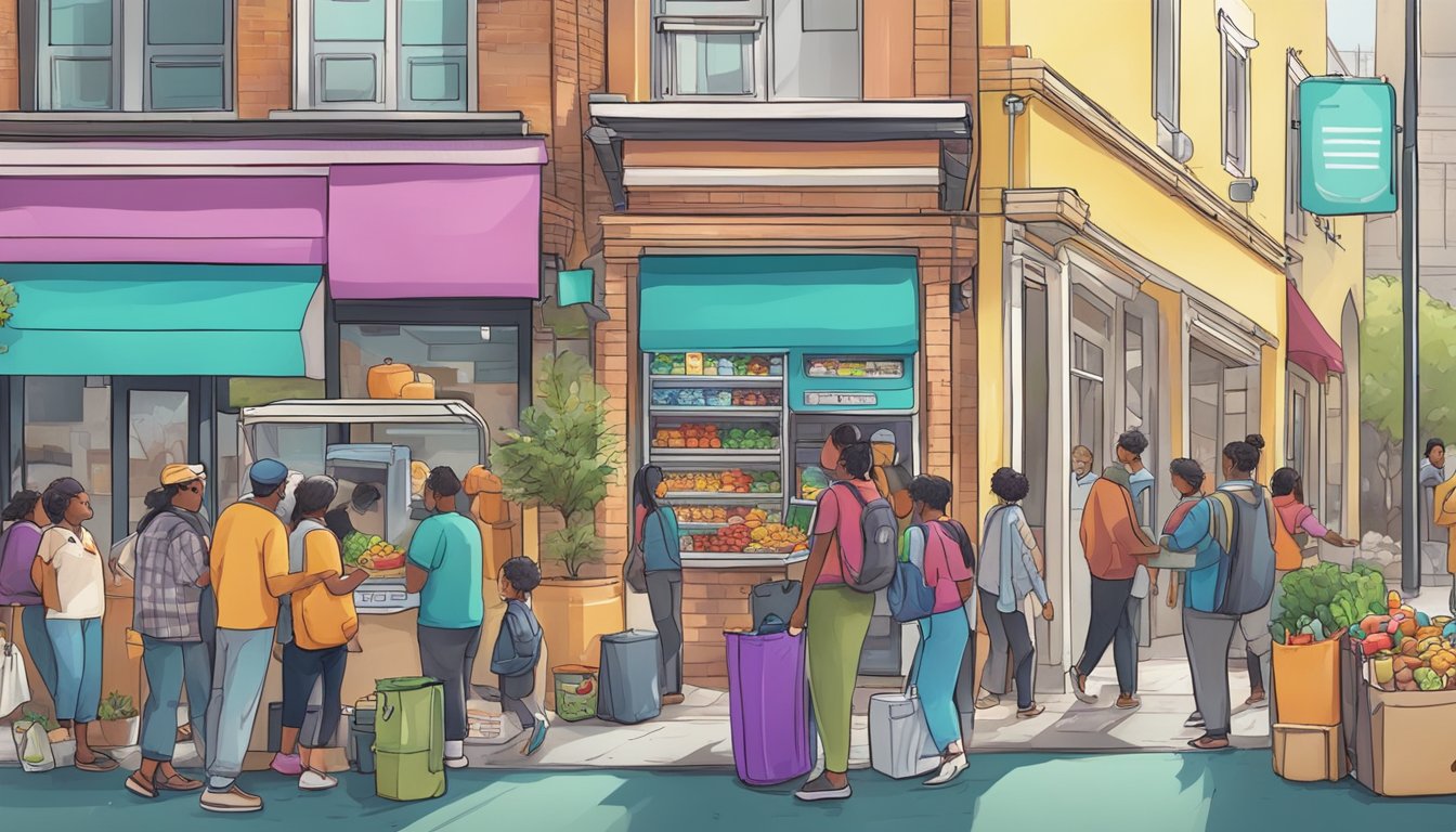 A bustling street with a colorful local community fridge surrounded by people donating and taking food