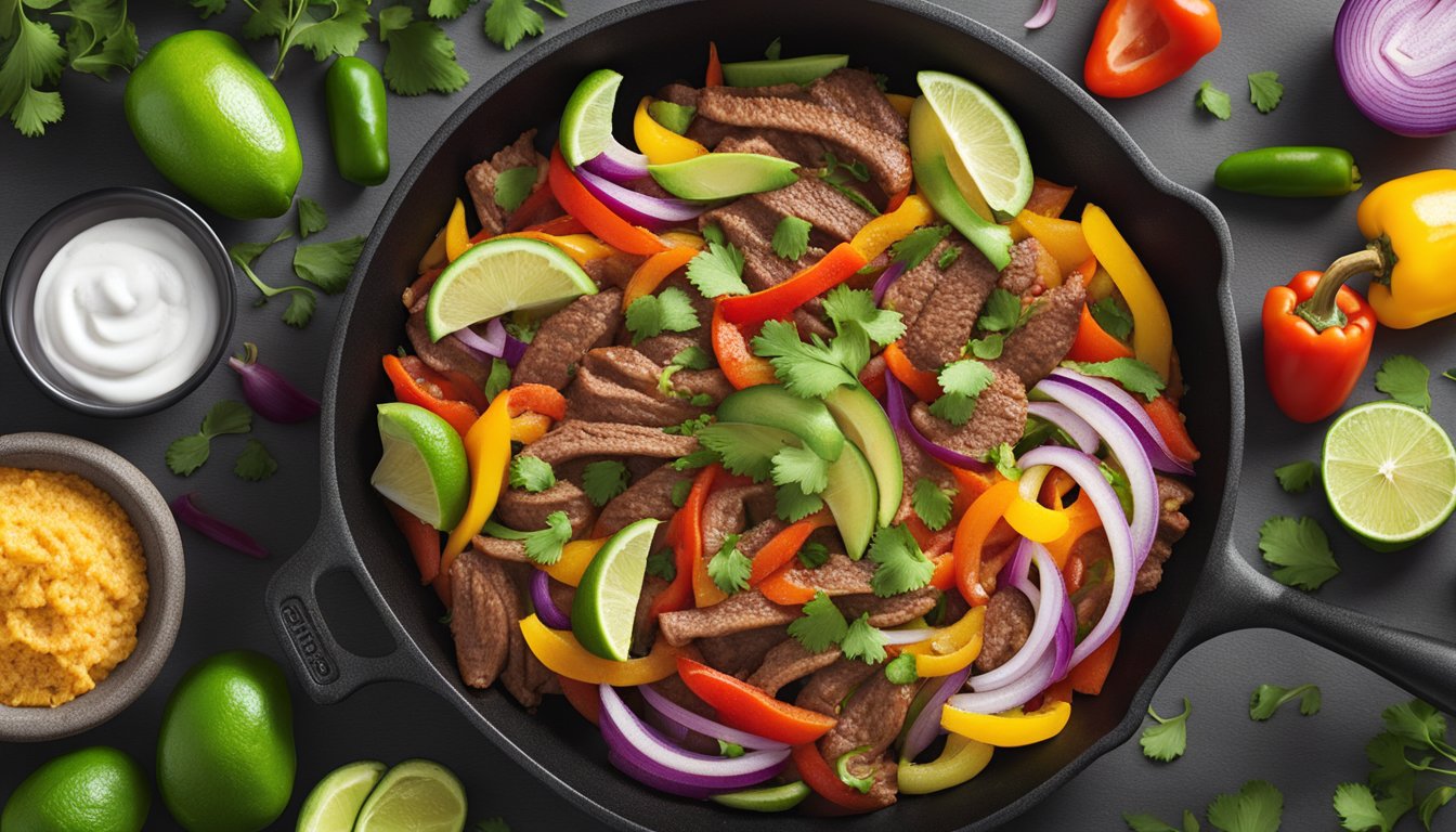 A sizzling skillet of gluten-free beef fajitas, topped with colorful bell peppers and onions, surrounded by vibrant, fresh ingredients like avocado, lime, and cilantro