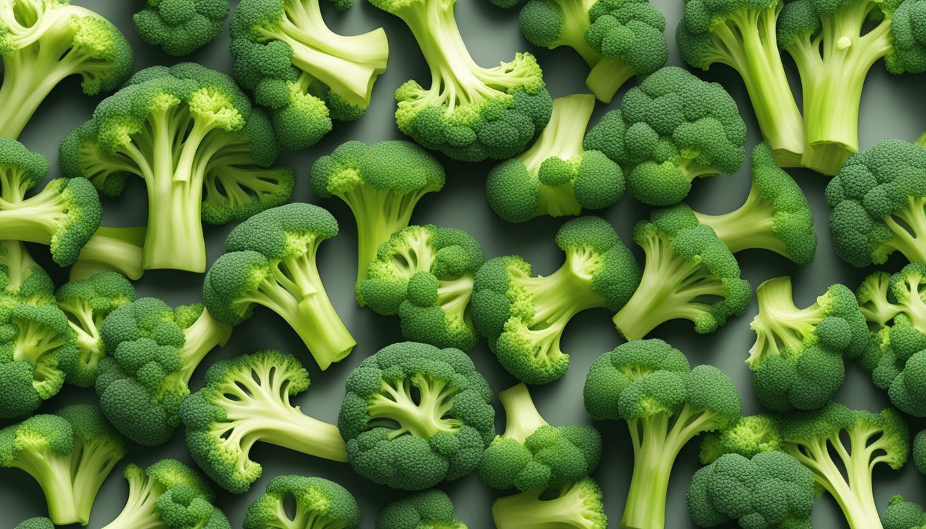 A pile of gluten-free broccoli florets in a clear container, some showing signs of spoilage with wilting and discoloration