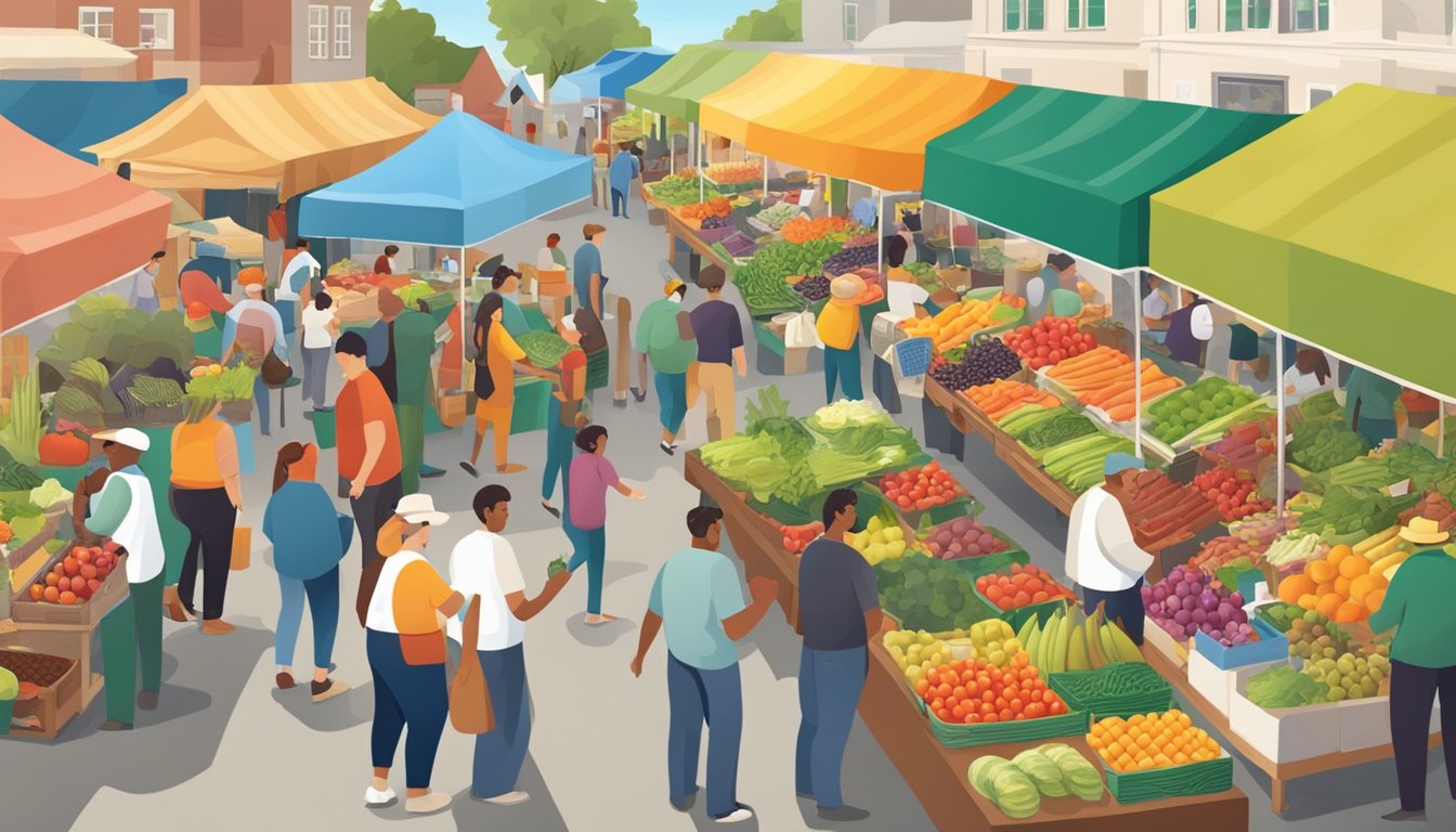 A bustling farmer's market with vendors selling fresh produce and locals browsing the colorful array of fruits and vegetables